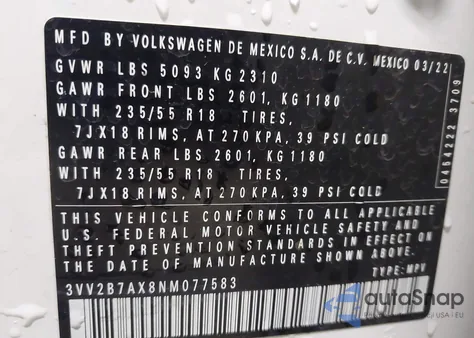 2022 Volkswagen Tiguan 2.0T Se from USA, damaged, VIN 3VV2B7AX8NM077583